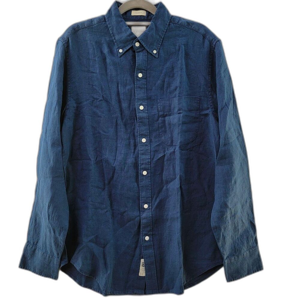 J CREW 100% Linen Navy Blue Brushed Twill Long-Sleeve Button-Down Shirt Size L